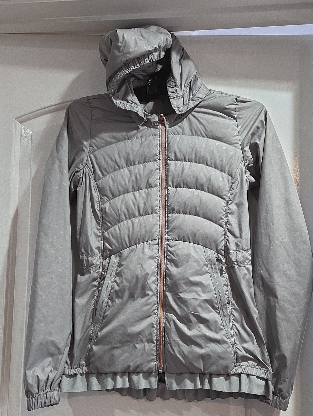 Lulumein Spring Fling Ruffle Light Gray Hooded Quilted Puffer Jacket
